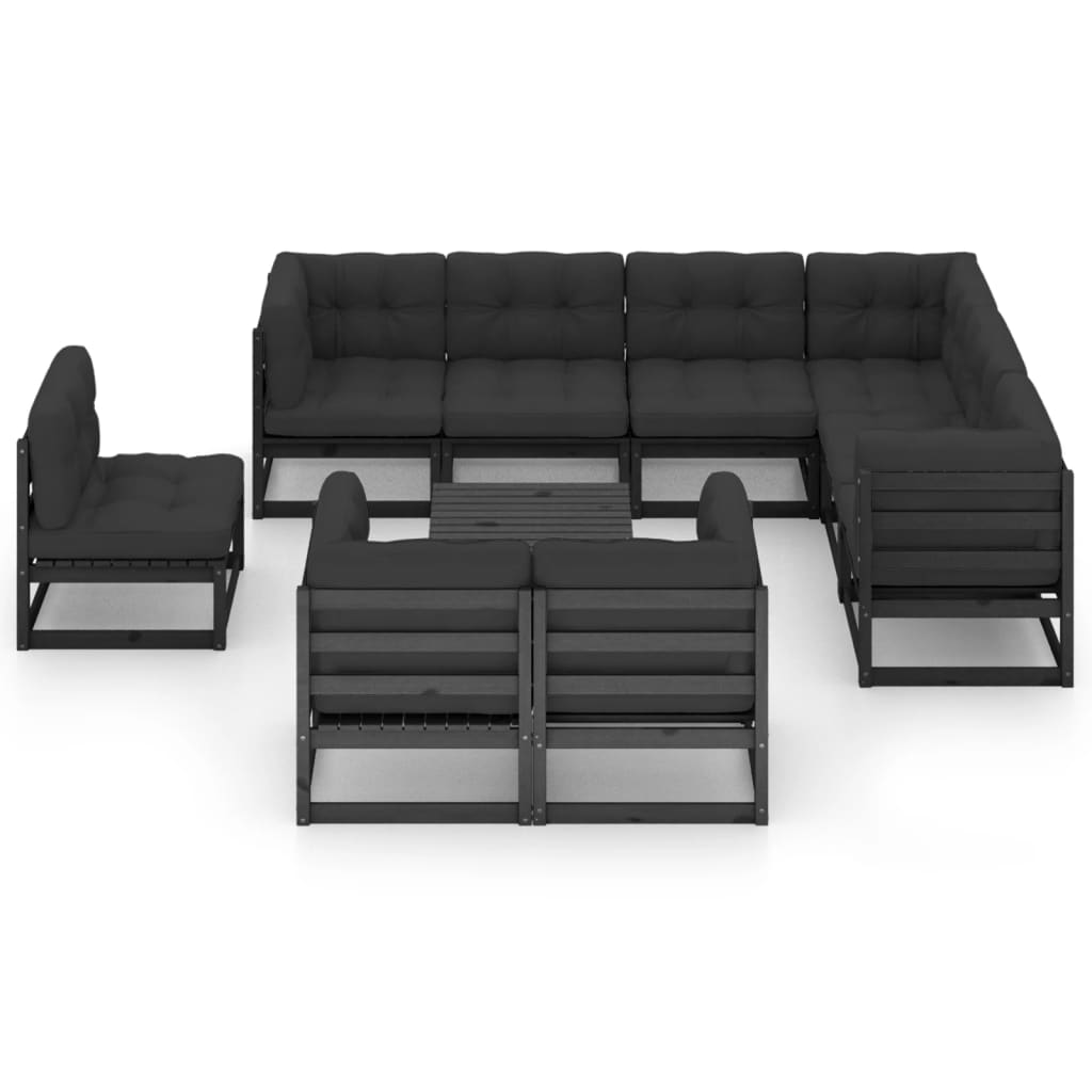 10-delige Loungeset met kussens massief grenenhout zwart