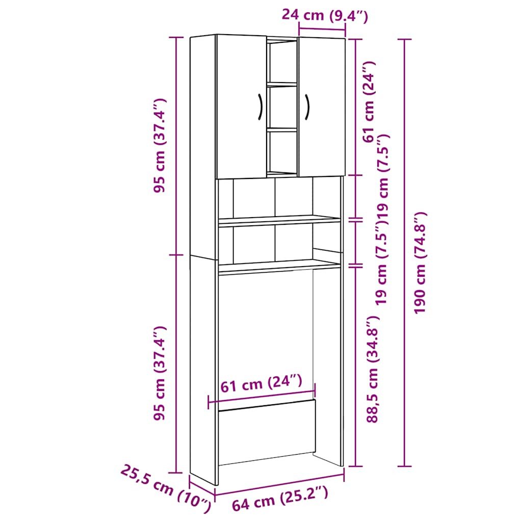 Wasmachinekast 64x25,5x190 cm zwart