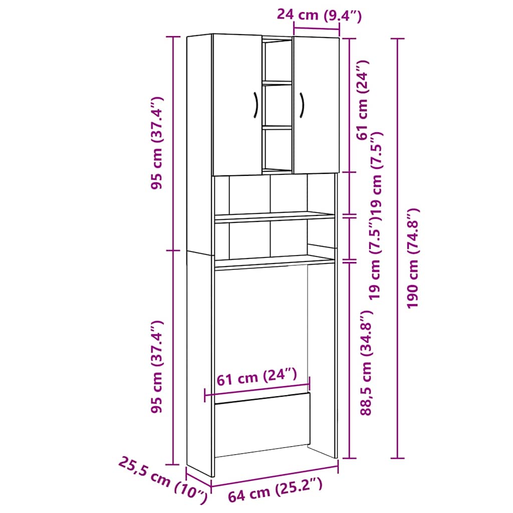 Wasmachinekast 64x25,5x190 cm gerookt eikenkleurig