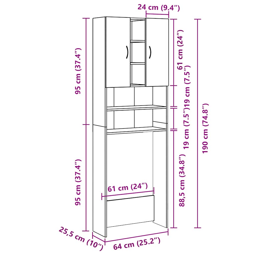 Wasmachinekast 64x25,5x190 cm grijs sonoma eikenkleurig