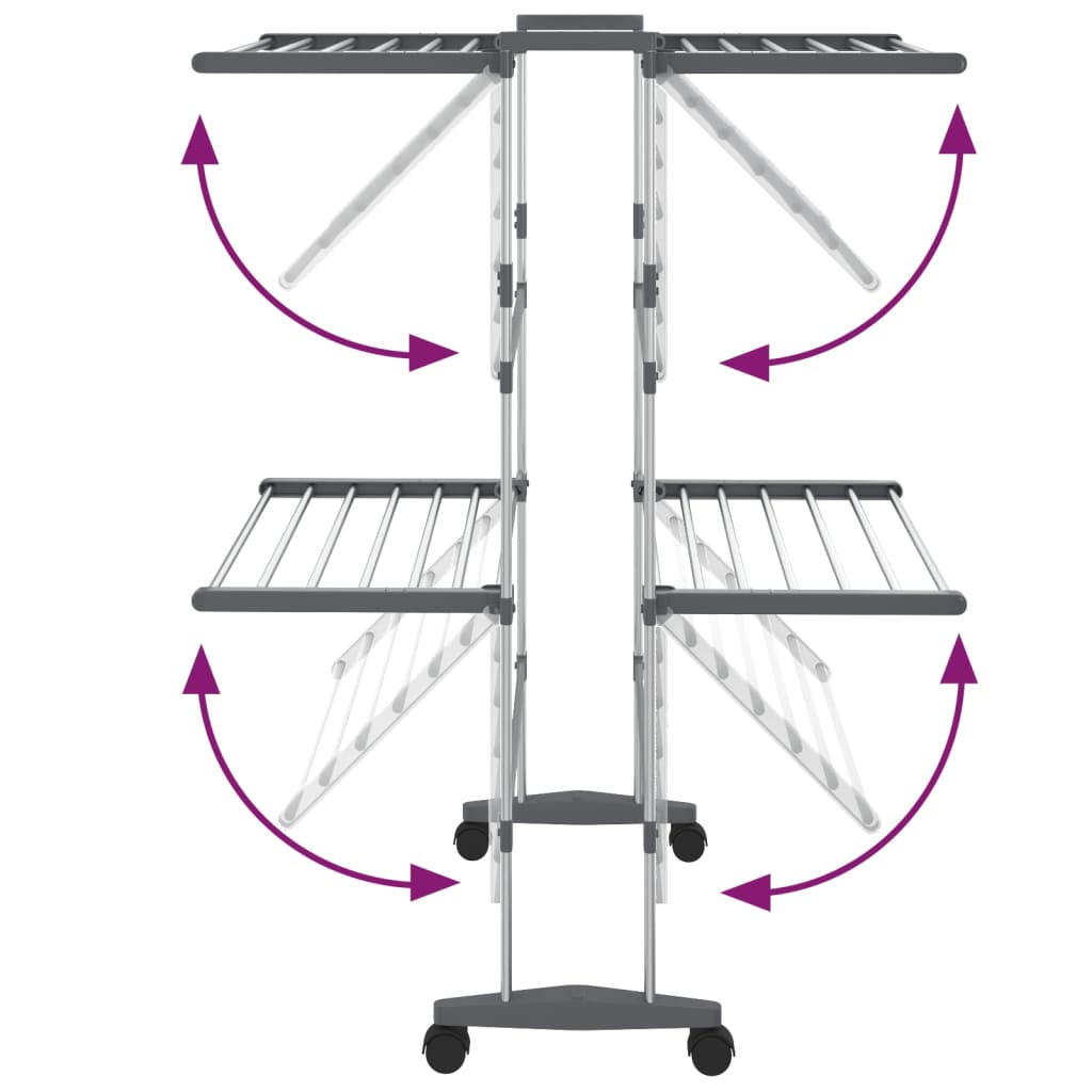 Droogrek 2-laags met wieltjes 60x70x106 cm zilverkleurig