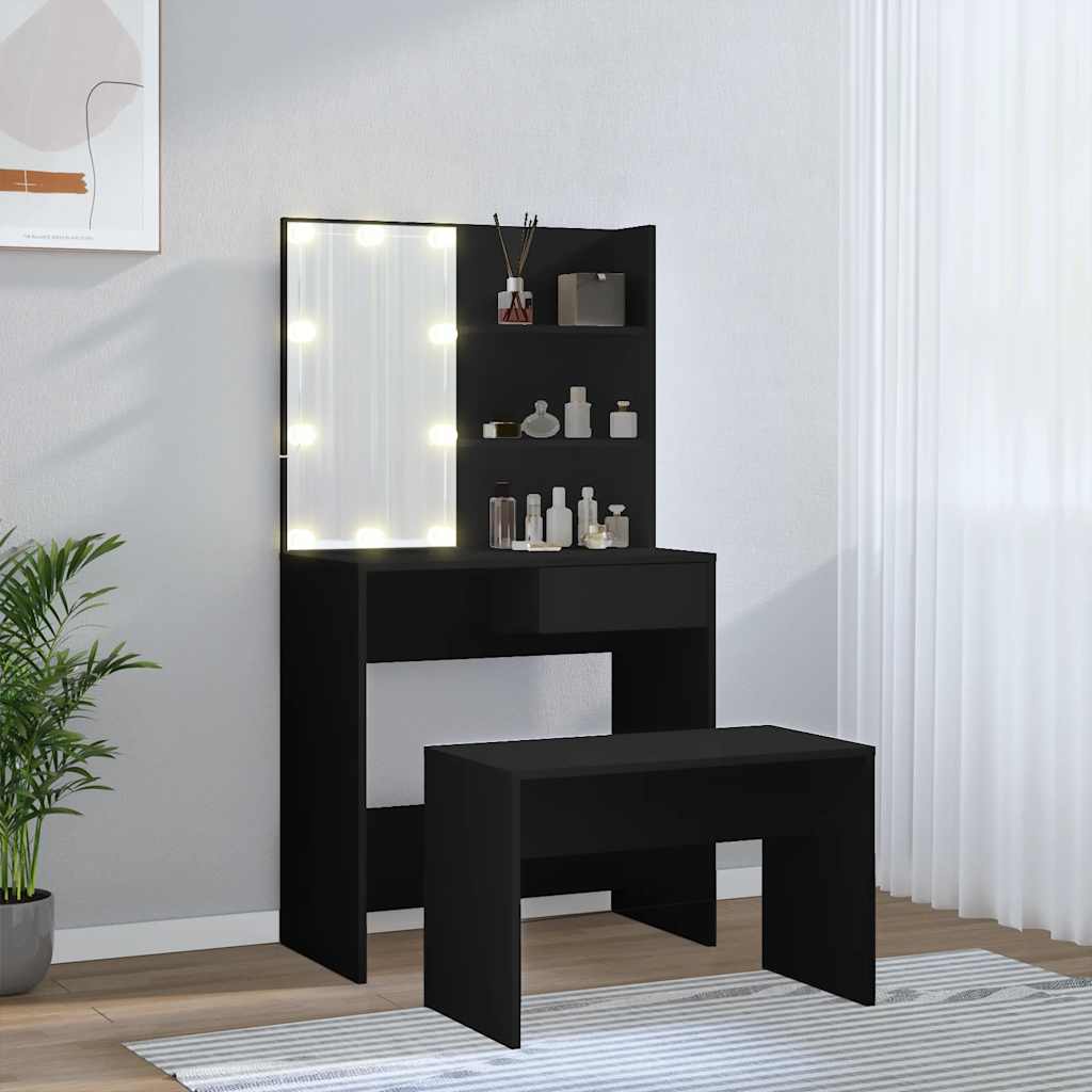 Luxe Kaptafelset met LED-Verlichting & Spiegel – Zwart – Inclusief Krukje