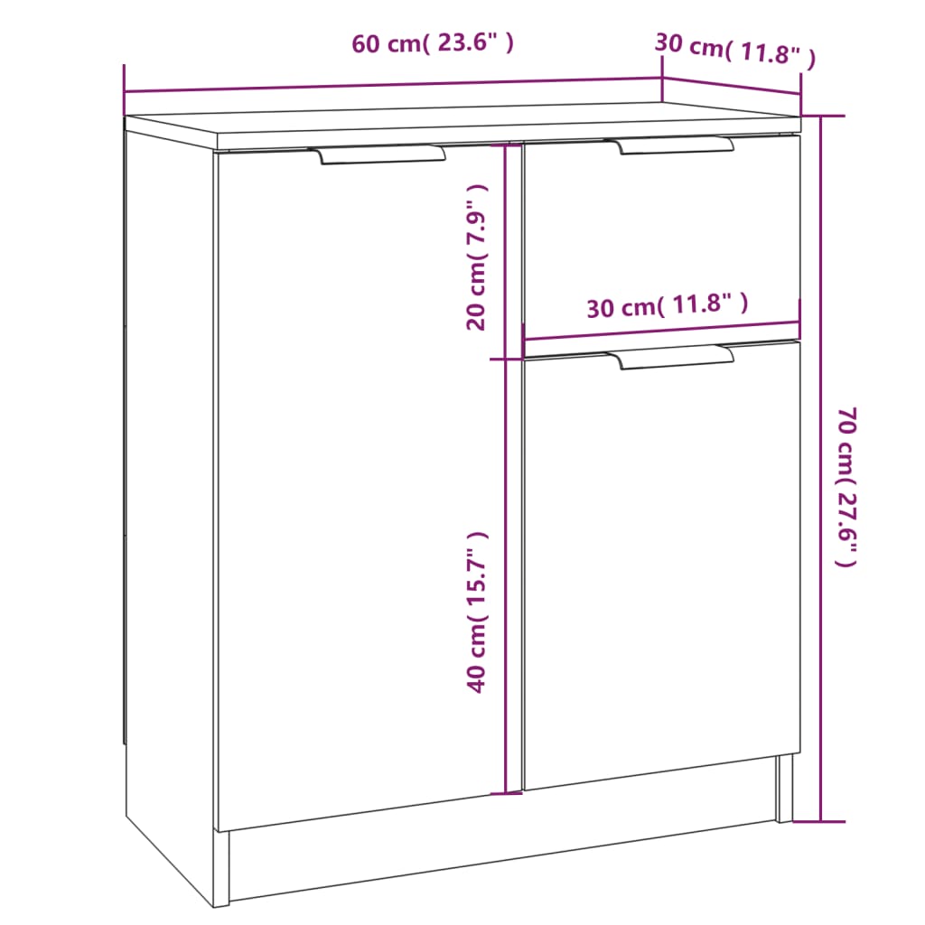 Dressoirs 2 st 60x30x70 cm bewerkt hout grijs sonoma eiken