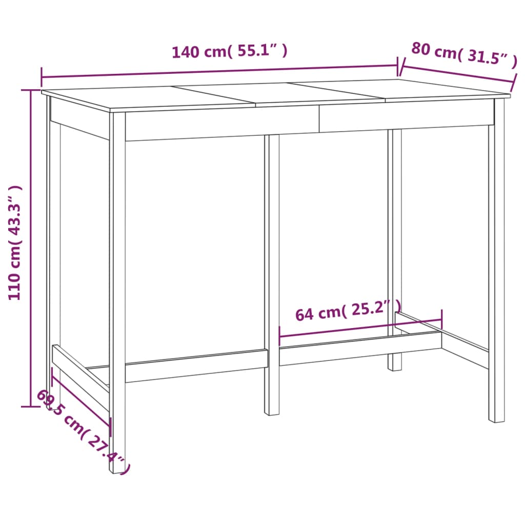 Bartafel 140x80x110 cm massief grenenhout wit