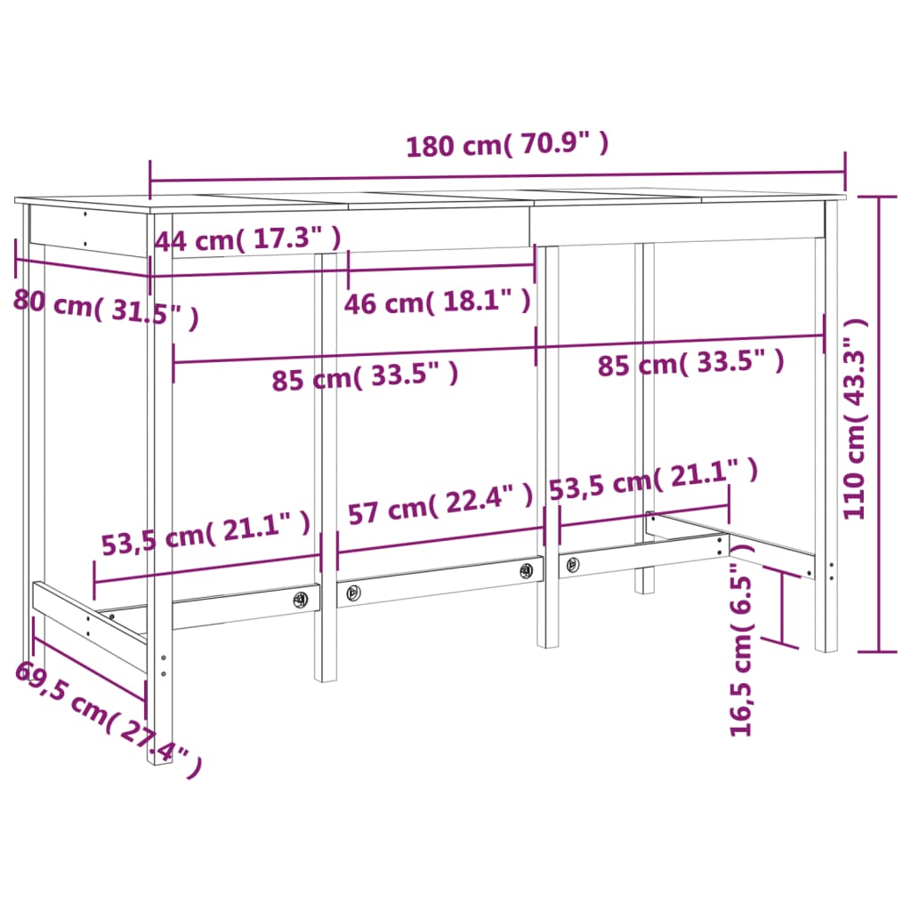 Bartafel 180x80x110 cm massief grenenhout honingbruin