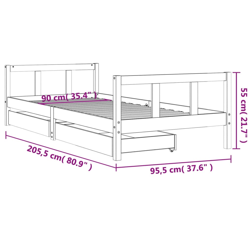 Kinderbedframe met lades 90x200 cm massief grenenhout zwart