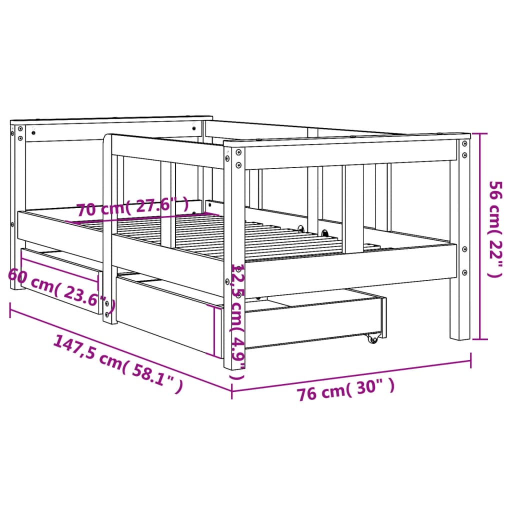 Kinderbedframe met lades 70x140 cm massief grenenhout wit