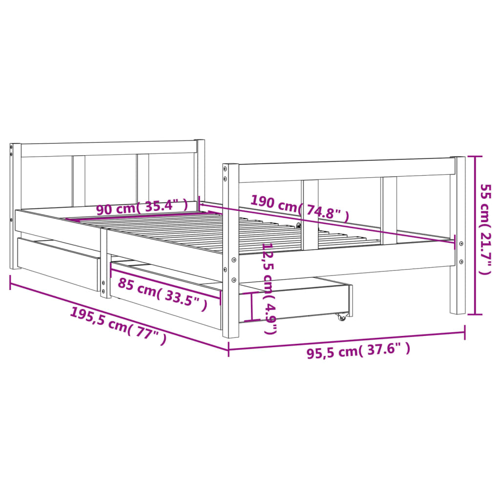 Kinderbedframe met lades 90x190 cm massief grenenhout wit