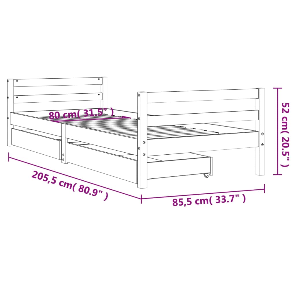 Kinderbedframe met lades 80x200 cm massief grenenhout wit