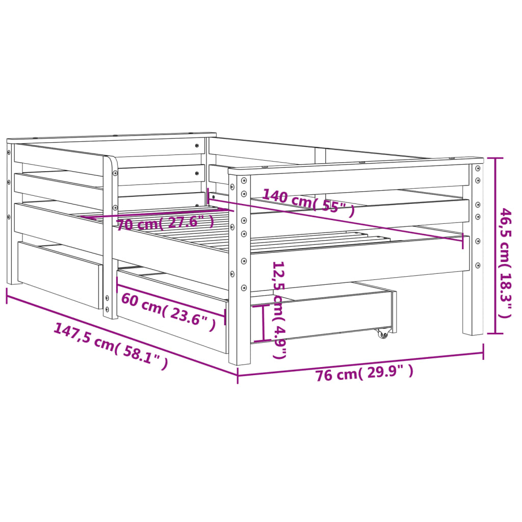 Kinderbedframe met lades 70x140 cm massief grenenhout