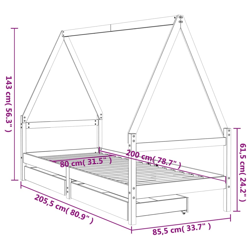 Kinderbedframe met lades 80x200 cm massief grenenhout