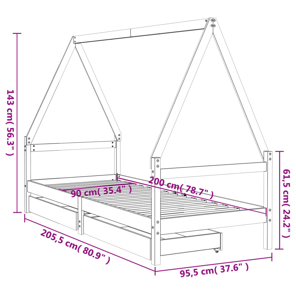 Kinderbedframe met lades 90x200 cm massief grenenhout zwart