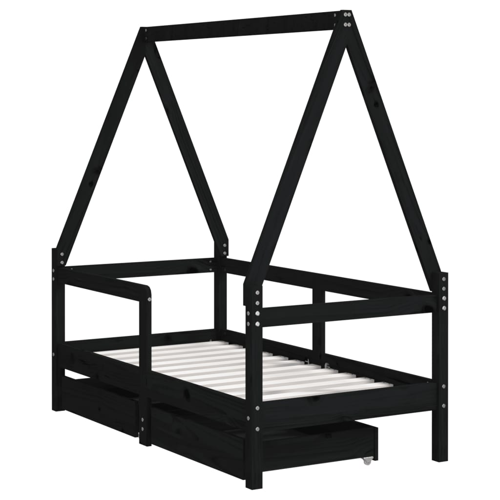 Kinderbedframe met lades 70x140 cm massief grenenhout zwart