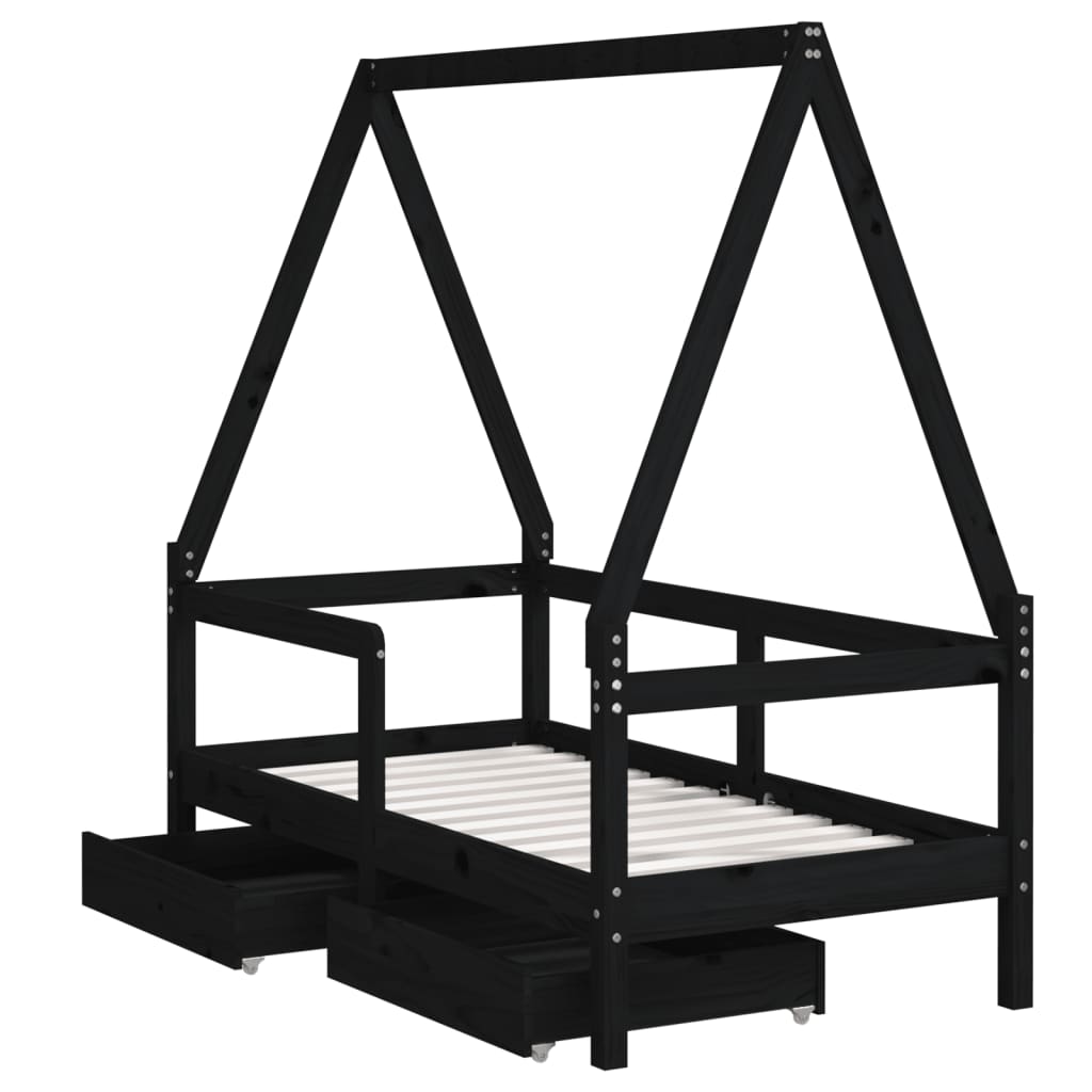 Kinderbedframe met lades 70x140 cm massief grenenhout zwart