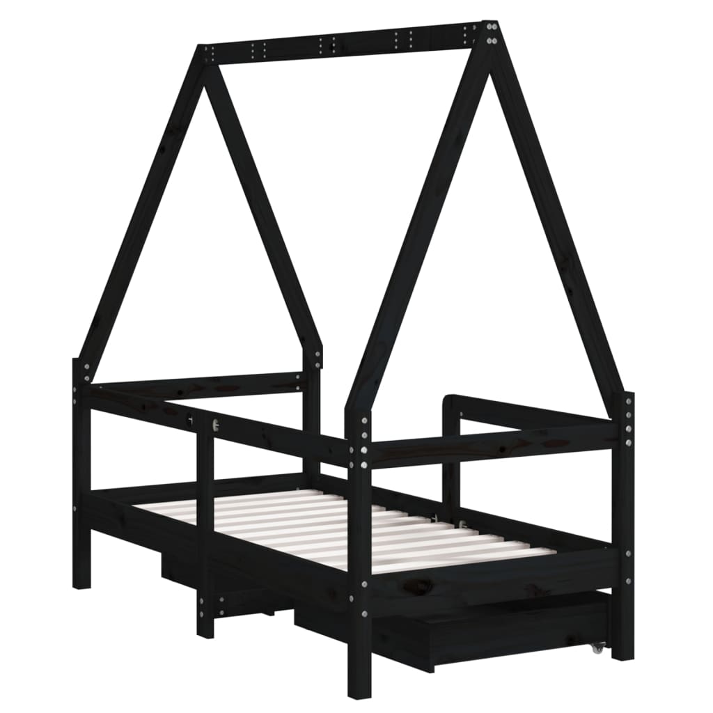 Kinderbedframe met lades 70x140 cm massief grenenhout zwart