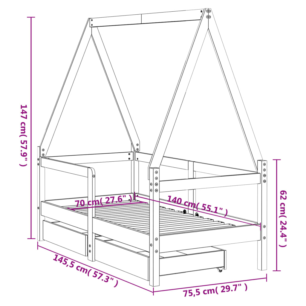 Kinderbedframe met lades 70x140 cm massief grenenhout zwart