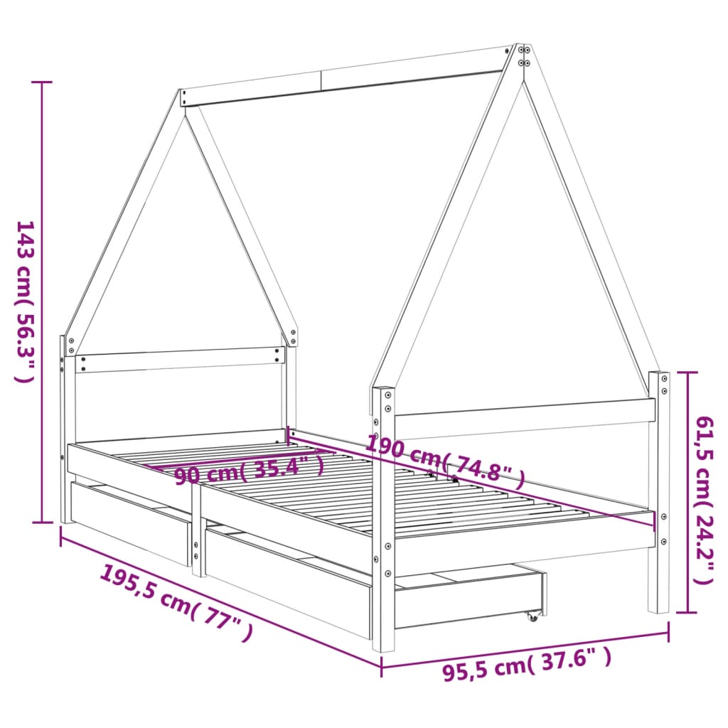 Kinderbedframe met lades 90x190 cm massief grenenhout