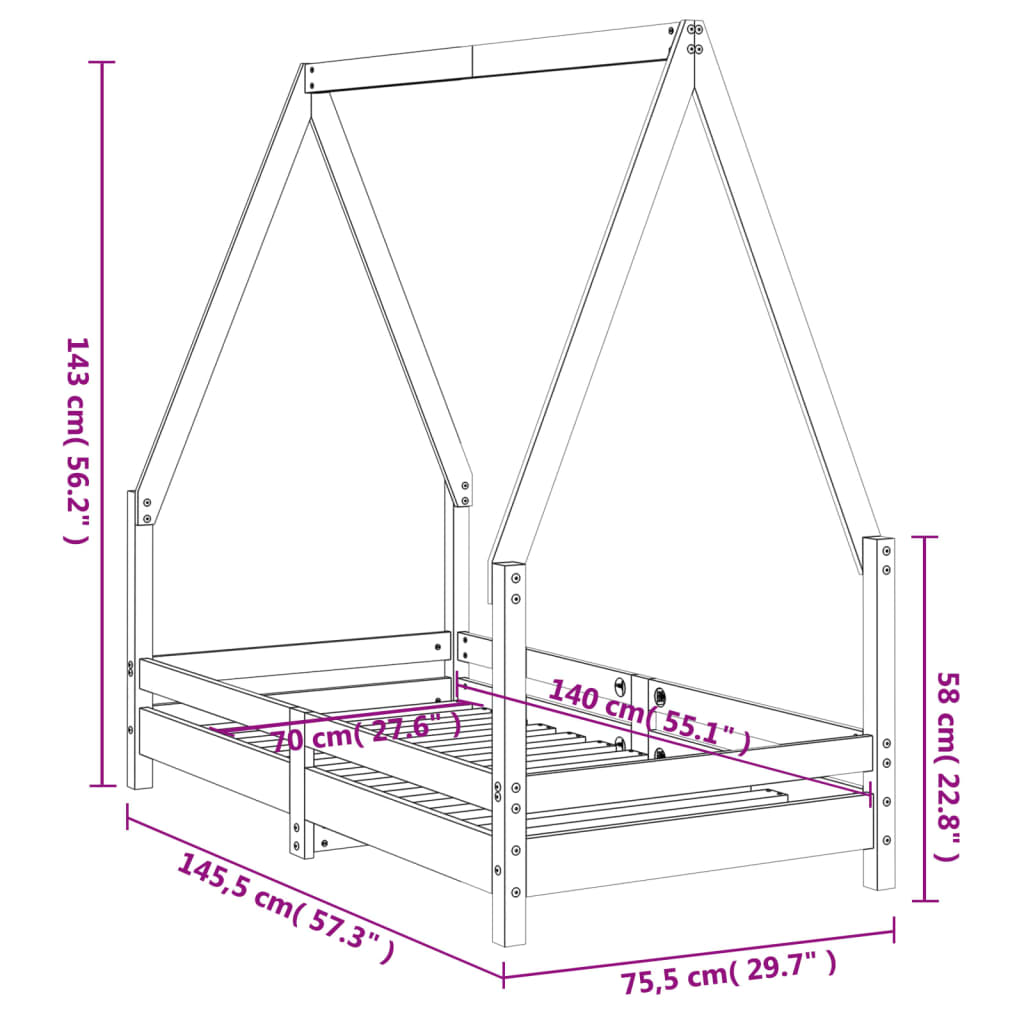 Kinderbedframe 70x140 cm massief grenenhout wit