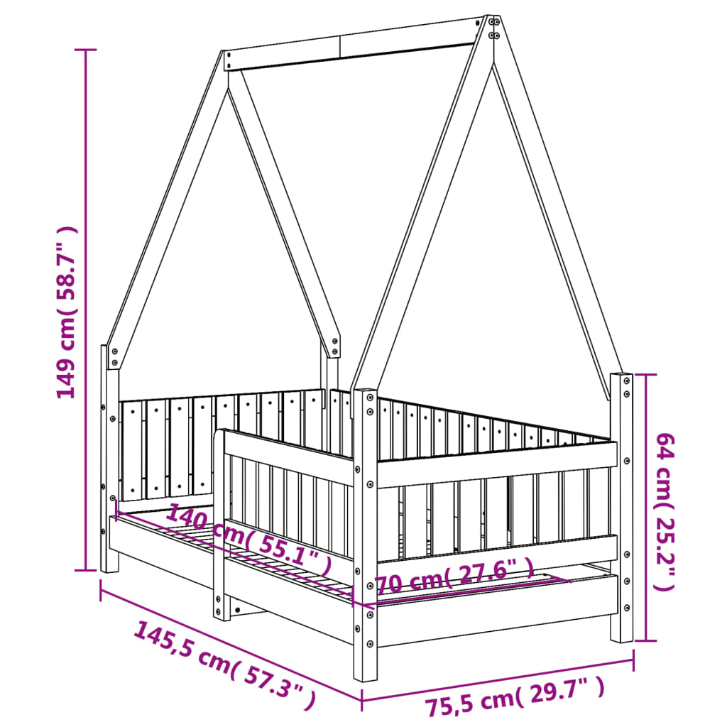 Kinderbedframe 70x140 cm massief grenenhout wit