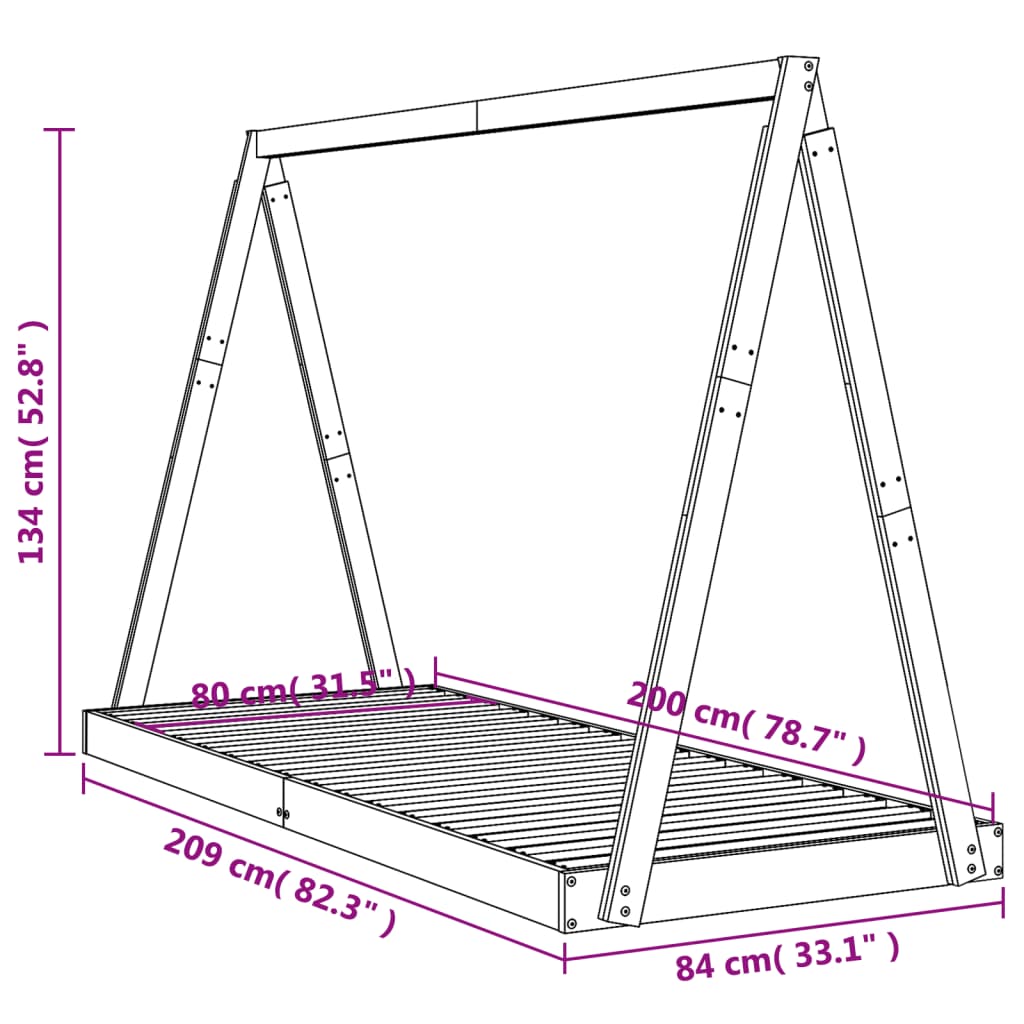 Kinderbedframe 80x200 cm massief grenenhout zwart