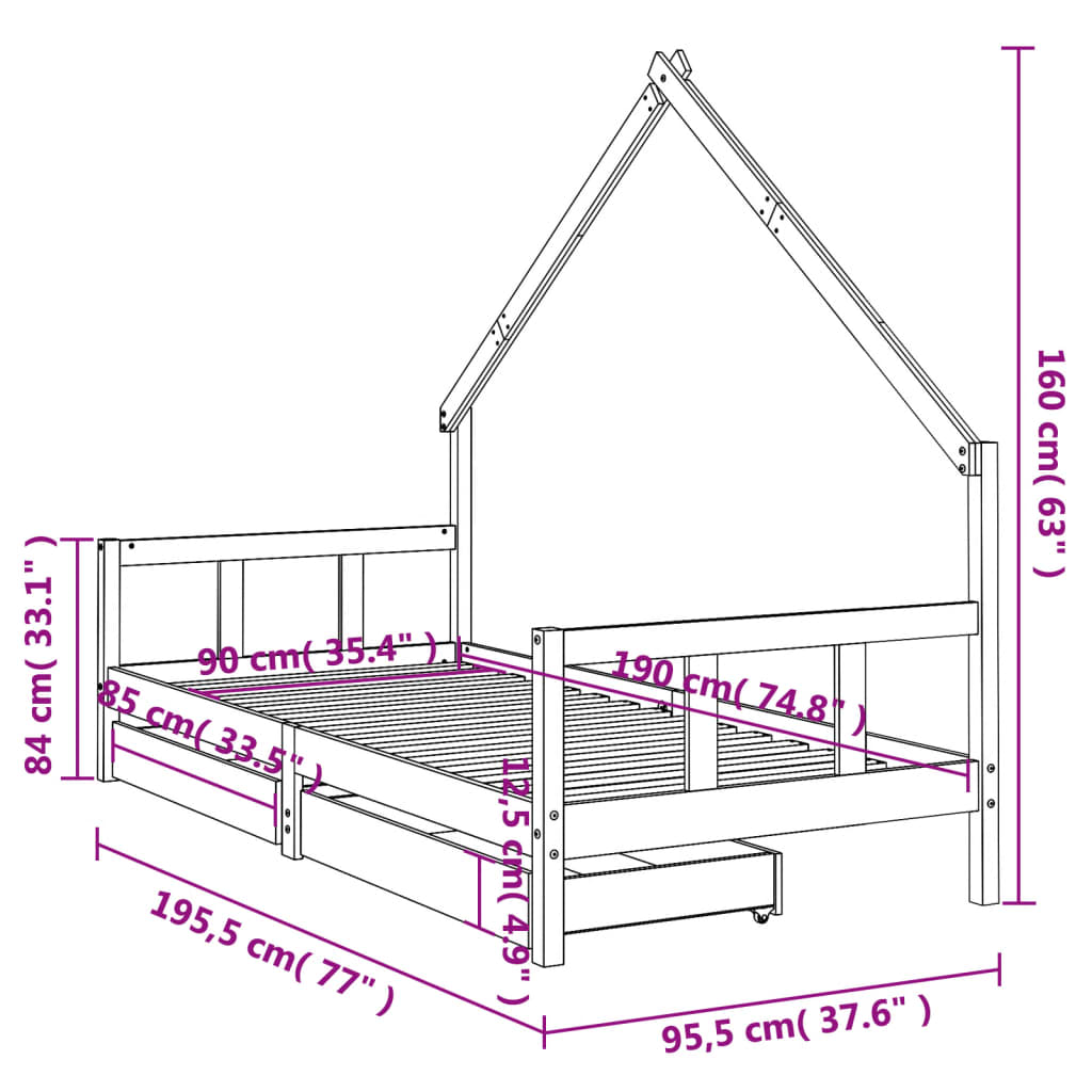 Kinderbedframe met lades 90x190 cm massief grenenhout wit