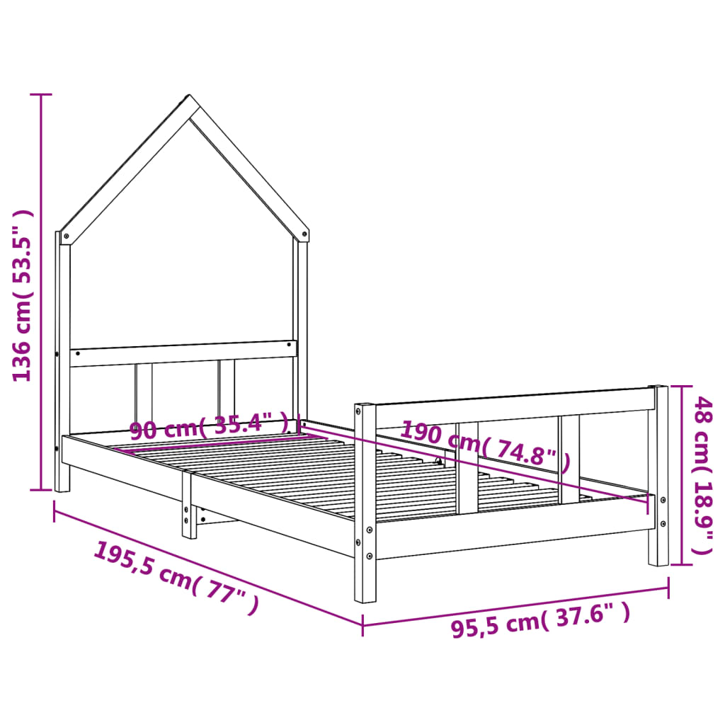 Kinderbedframe 90x190 cm massief grenenhout wit