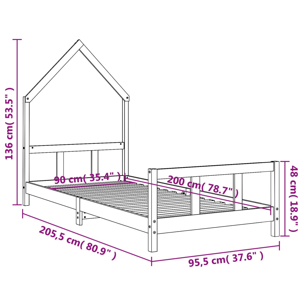 Kinderbedframe 90x200 cm massief grenenhout zwart