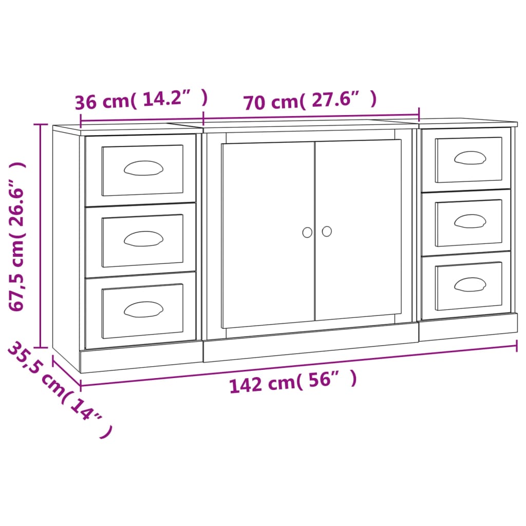 Dressoirs 3 st bewerkt hout wit
