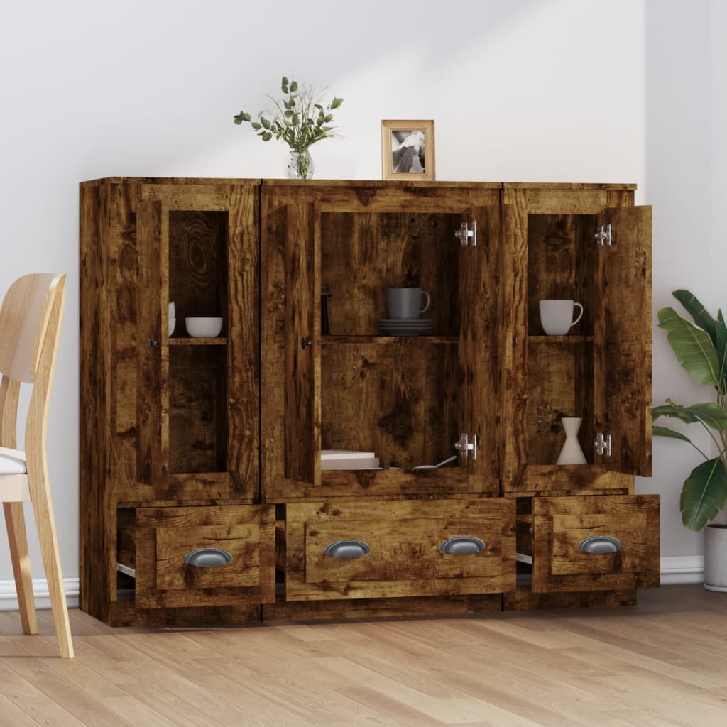 Hoge kasten 3 st bewerkt hout gerookt eikenkleurig