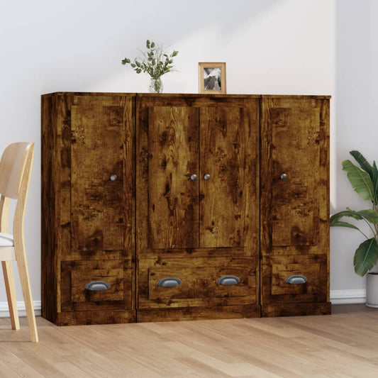 Hoge kasten 3 st bewerkt hout gerookt eikenkleurig