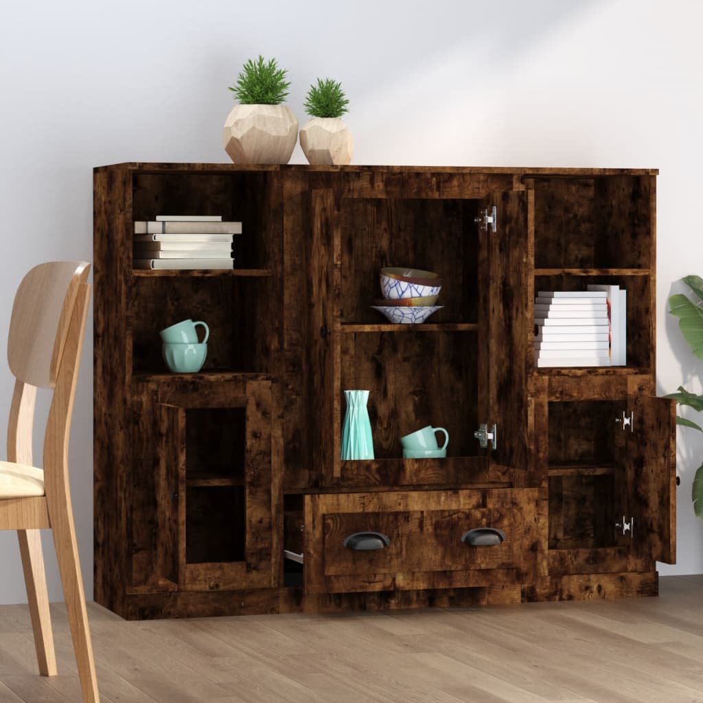 Hoge kasten 3 st bewerkt hout gerookt eikenkleurig