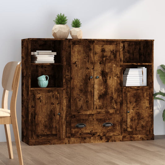 Hoge kasten 3 st bewerkt hout gerookt eikenkleurig