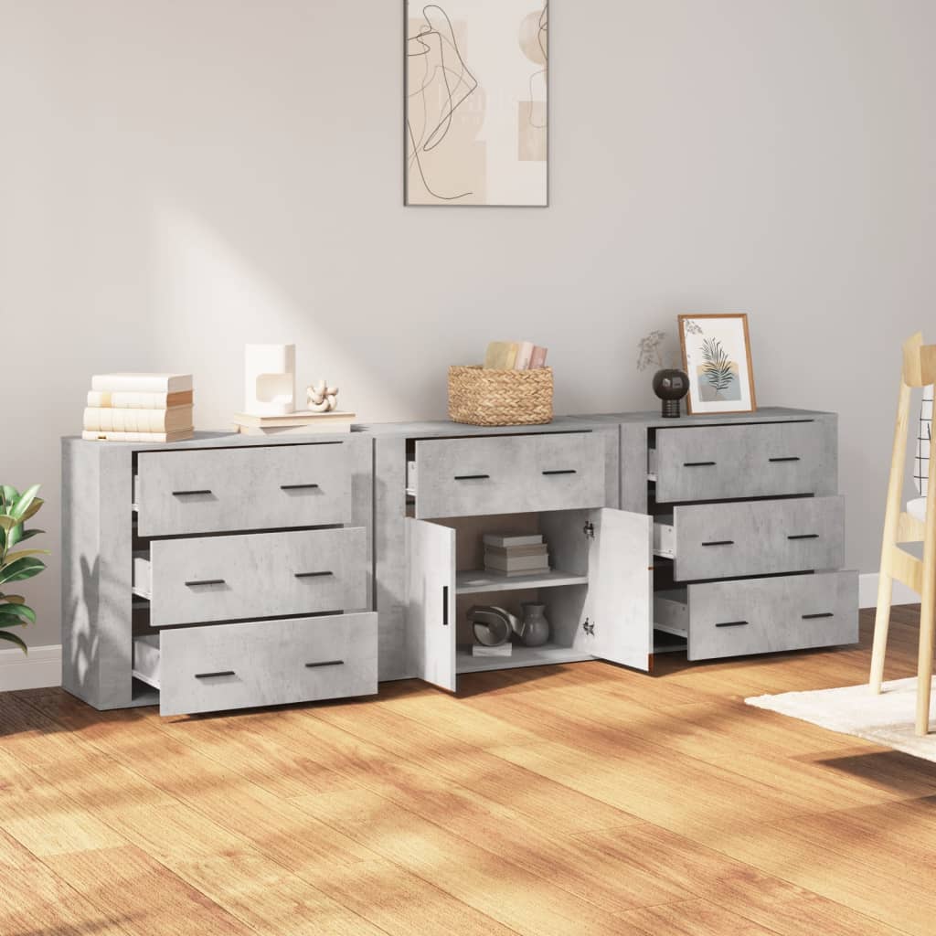 Dressoirs 3 st bewerkt hout betongrijs