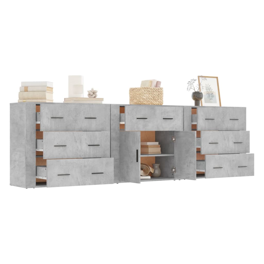 Dressoirs 3 st bewerkt hout betongrijs