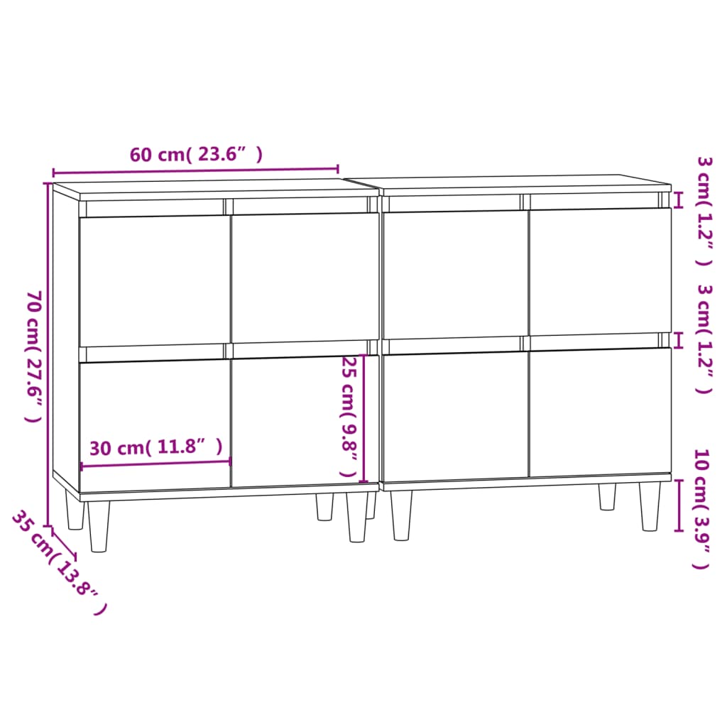 Dressoirs 2 st 60x35x70 cm bewerkt hout sonoma eikenkleurig