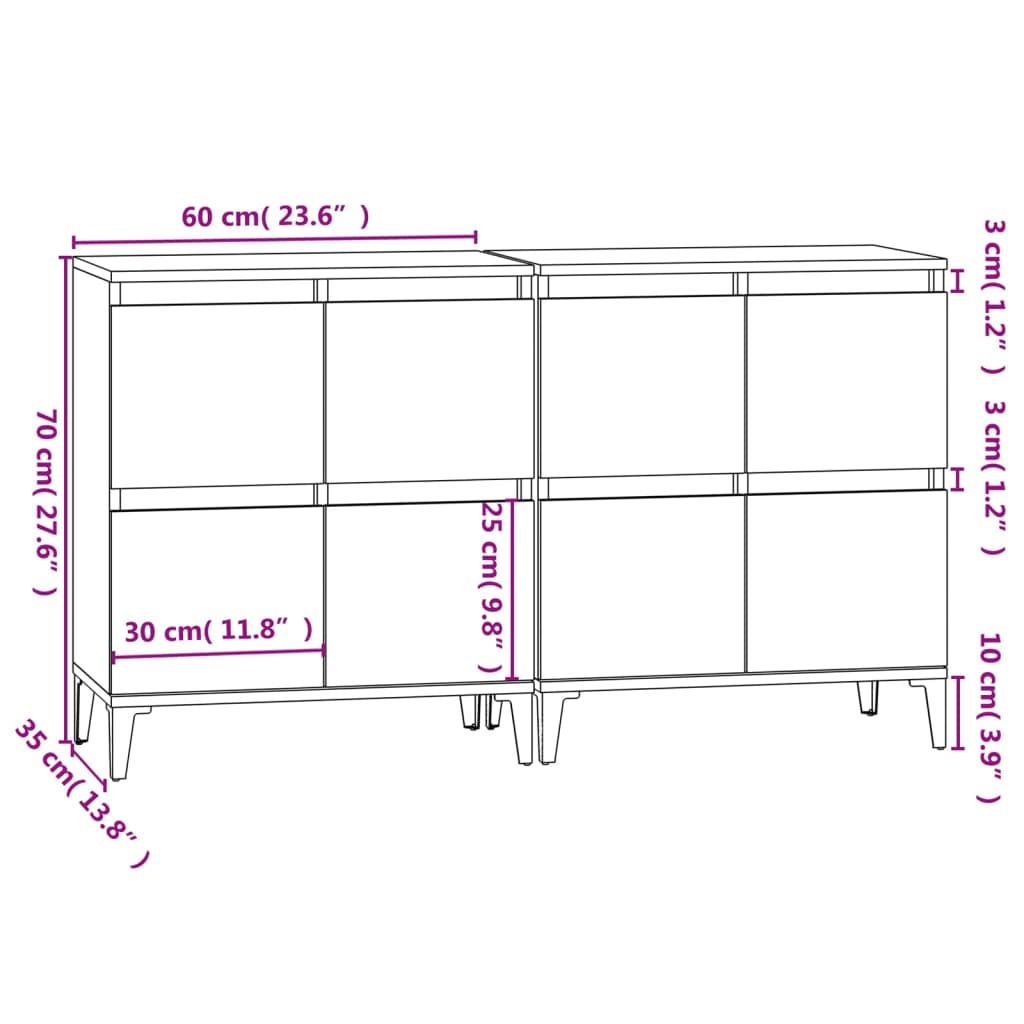 Dressoirs 2 st 60x35x70 cm bewerkt hout wit