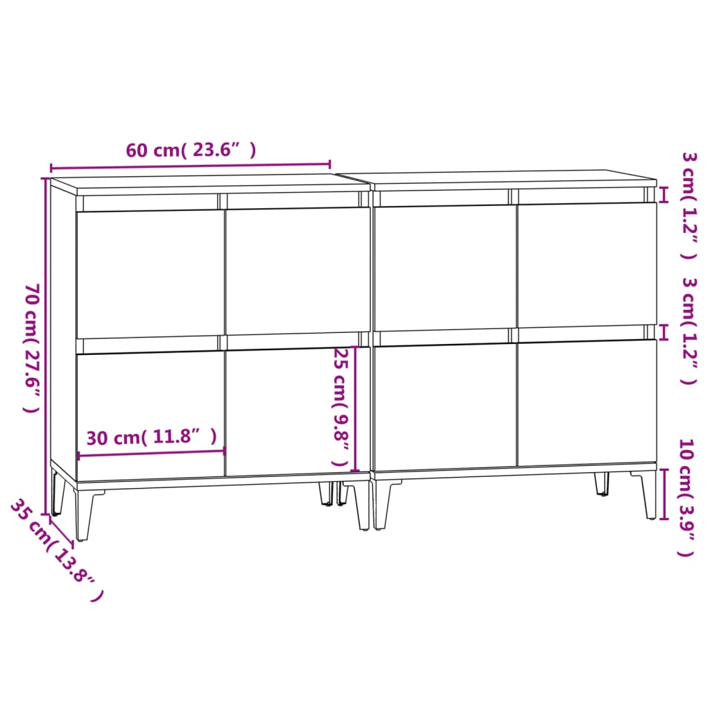 Dressoirs 2 st 60x35x70 cm bewerkt hout gerookt eikenkleurig