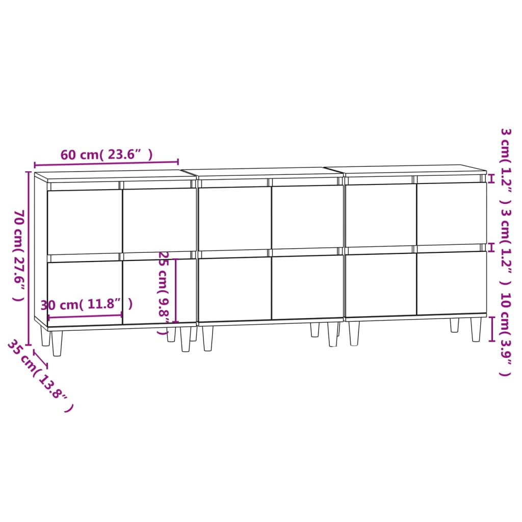 Dressoirs 3 st 60x35x70 cm bewerkt hout betongrijs
