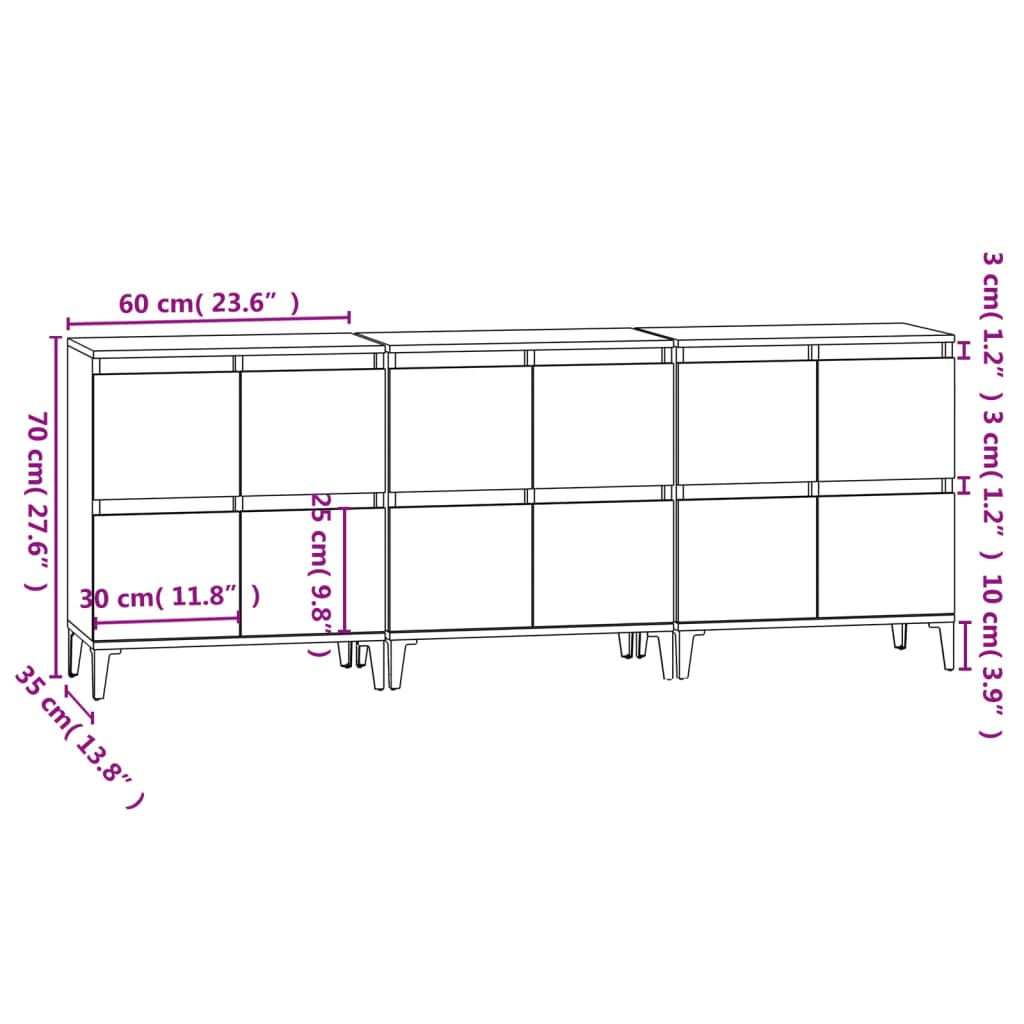 Dressoirs 3 st 60x35x70 cm bewerkt hout gerookt eikenkleurig