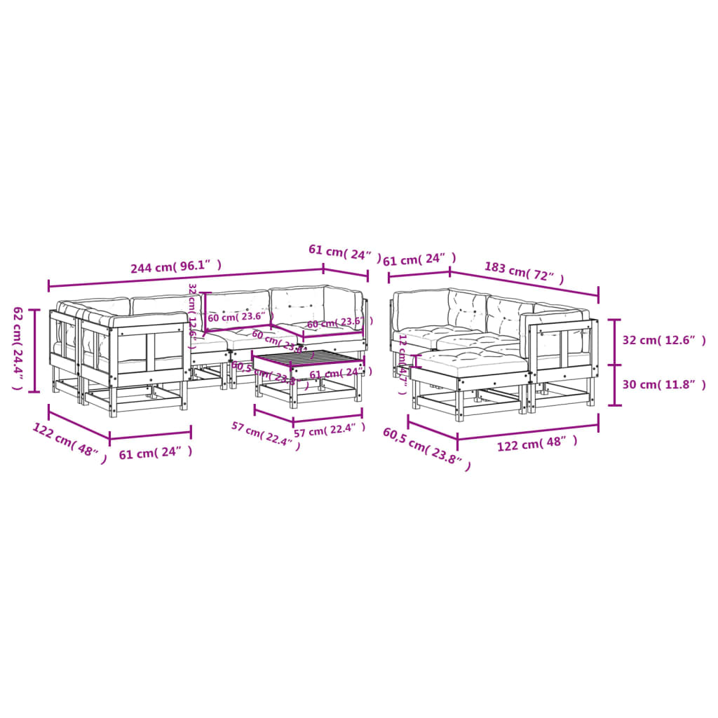 10-delige Loungeset met kussens massief hout wit