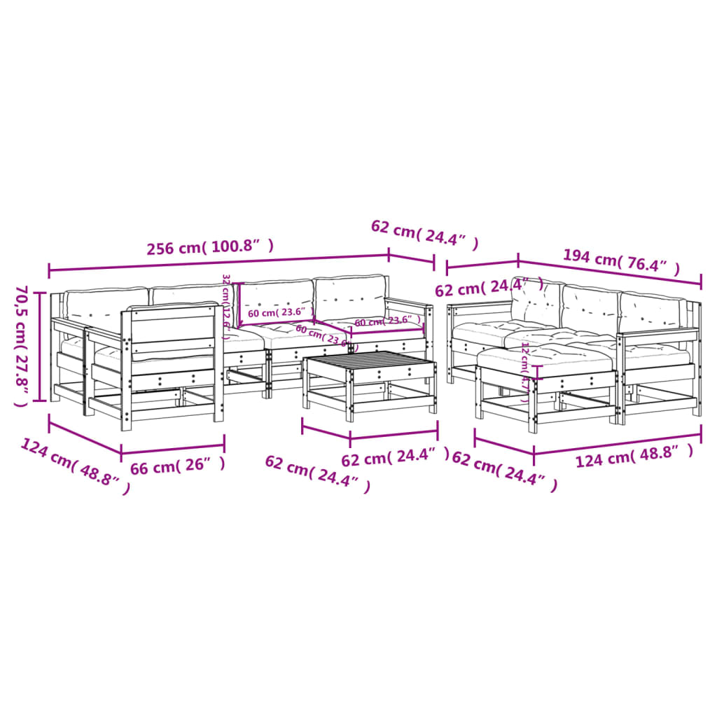 10-delige Loungeset met kussens massief hout wit