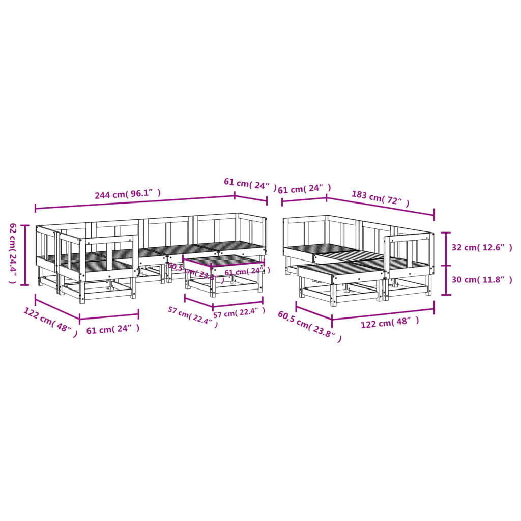 10-delige Loungeset massief grenenhout