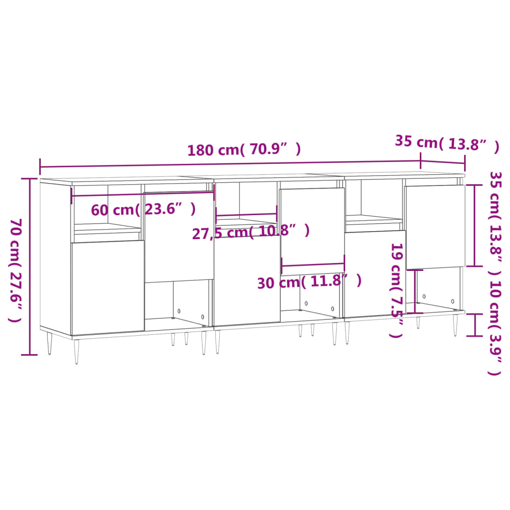 Dressoirs 3 st bewerkt hout sonoma eiken