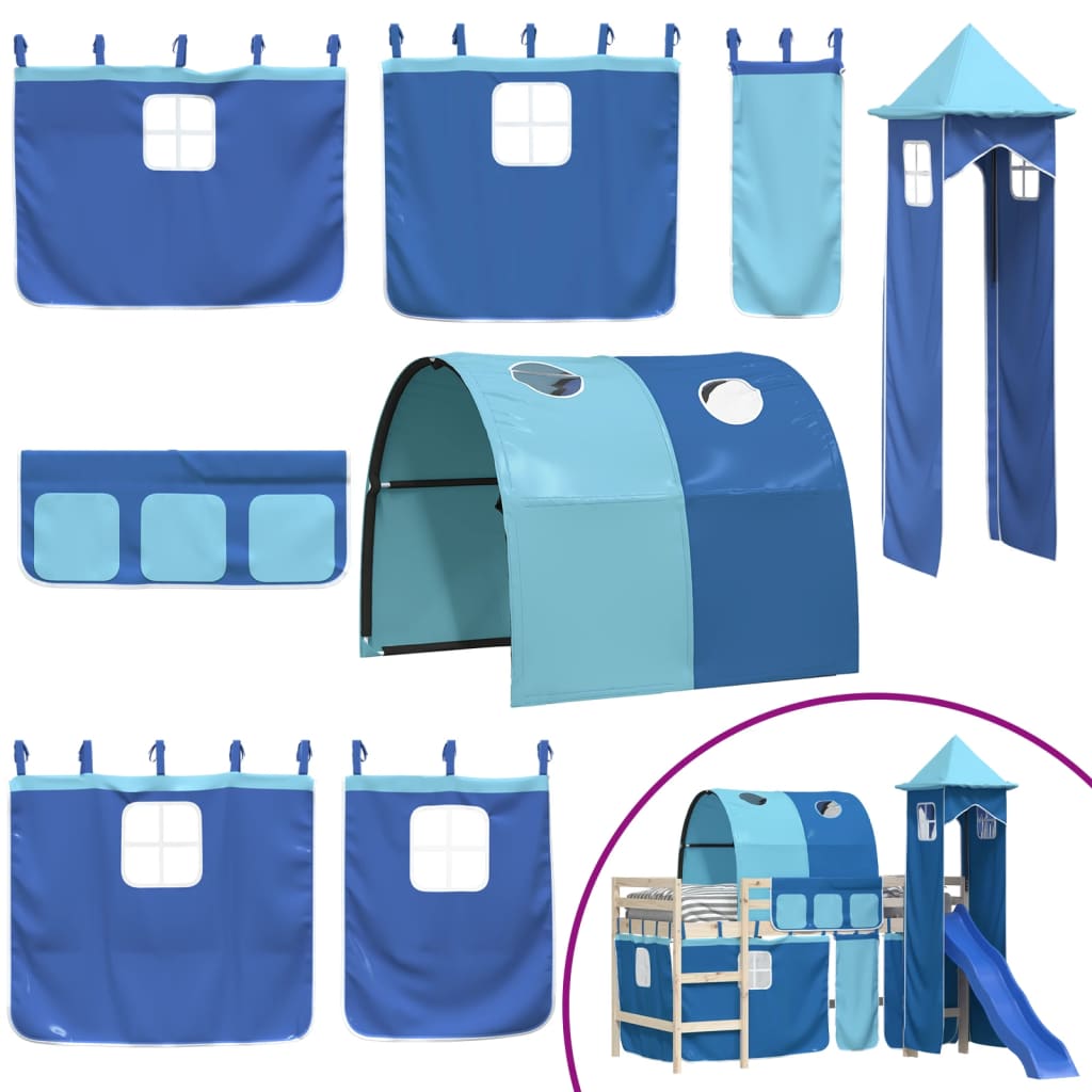 Gordijnen voor hoogslaper met tunnel en toren blauw