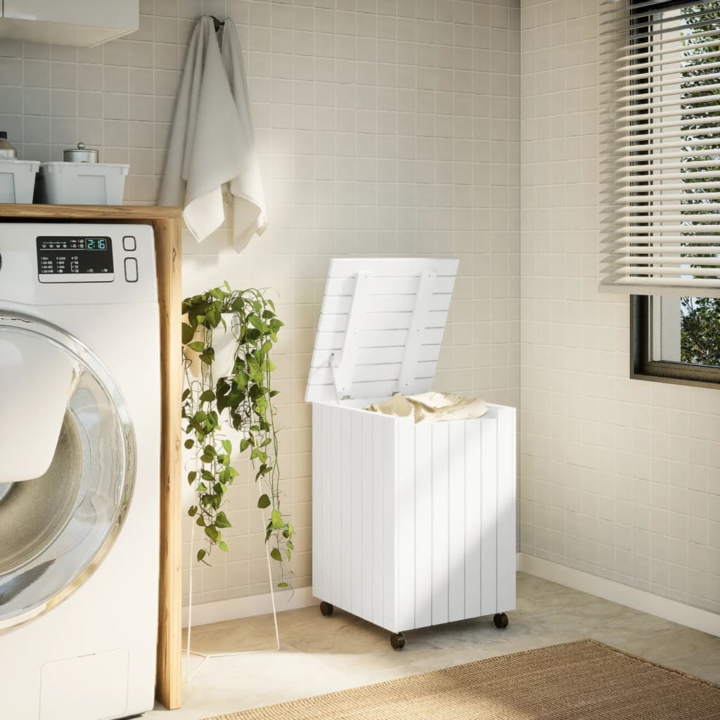 Wasmand met wielen RANA 45x45x64 cm massief grenenhout wit