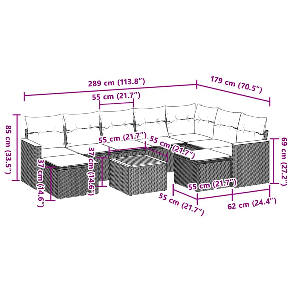 10-delige Loungeset met kussens poly rattan beige