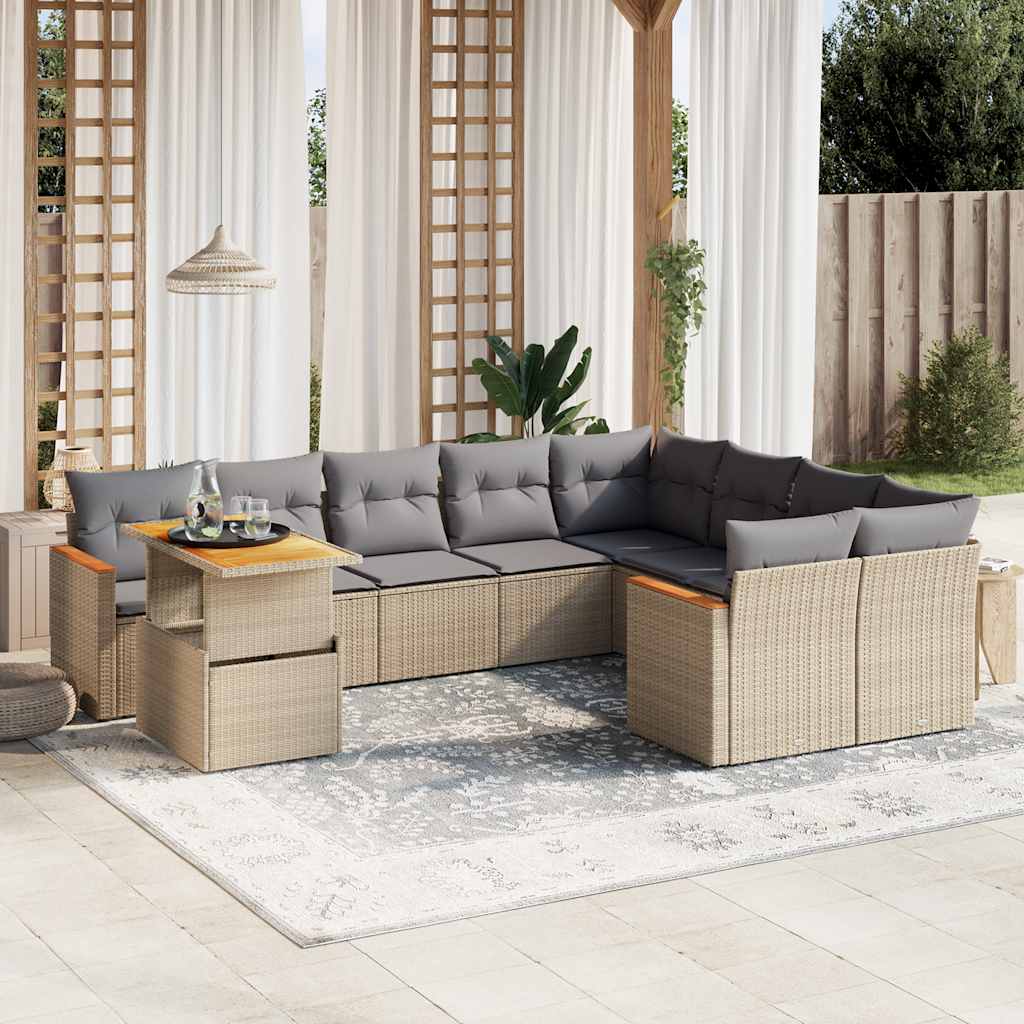10-delige Loungeset met kussens poly rattan beige