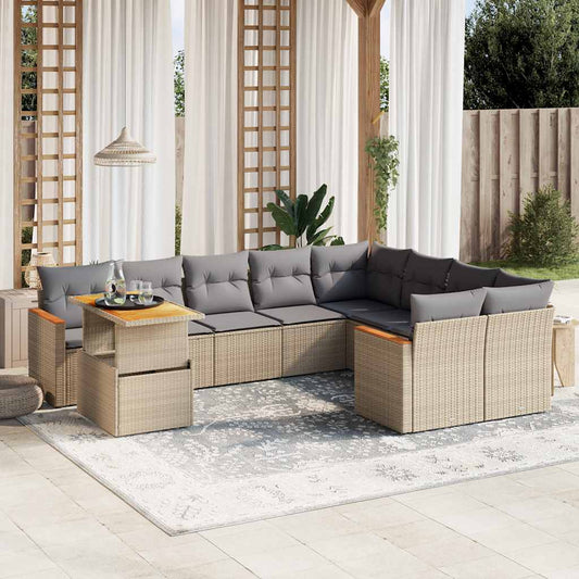 10-delige Loungeset met kussens poly rattan beige