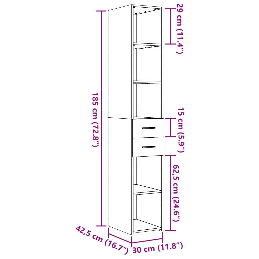Hoge kast 30x42,5x185 cm bewerkt hout zwart