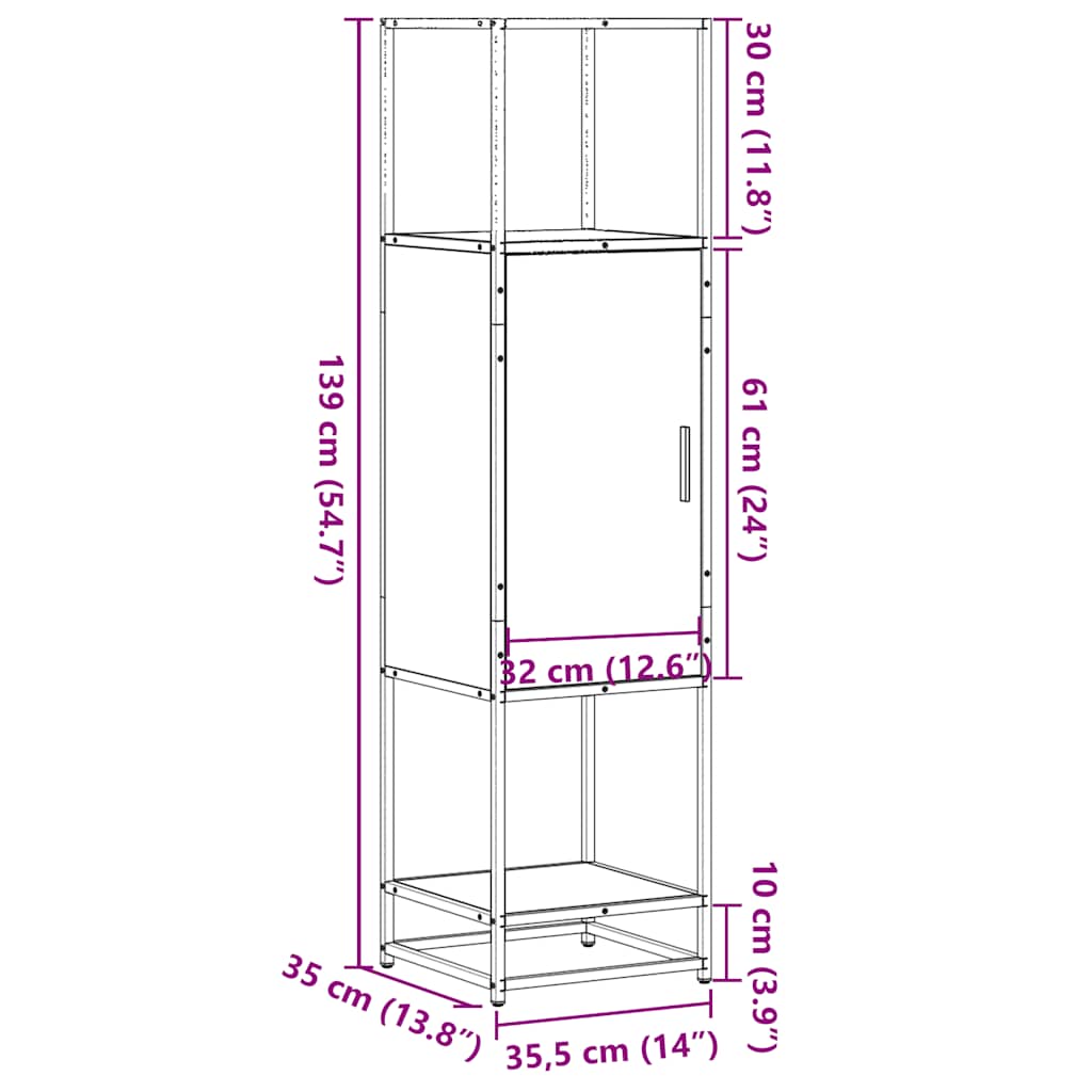 Hoge kast 35,5x35x139 cm bewerkt hout en metaal gerookt eiken